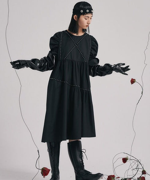 Studded Puff Sleeve Flare Dress